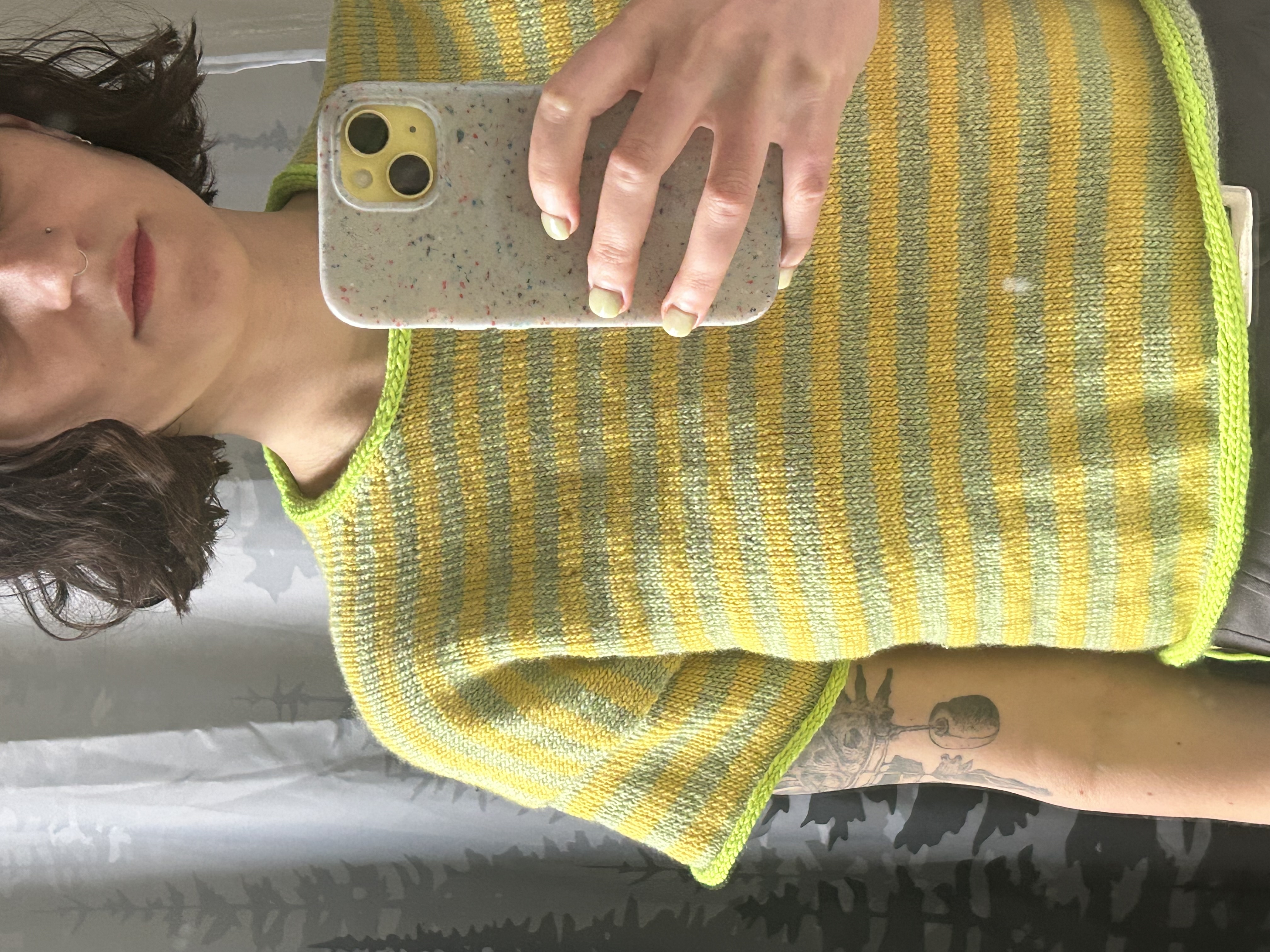Pattern is Olga Sweater by PetiteKnit. Modified with short sleeves and an applied i-cord edging in lime green.
