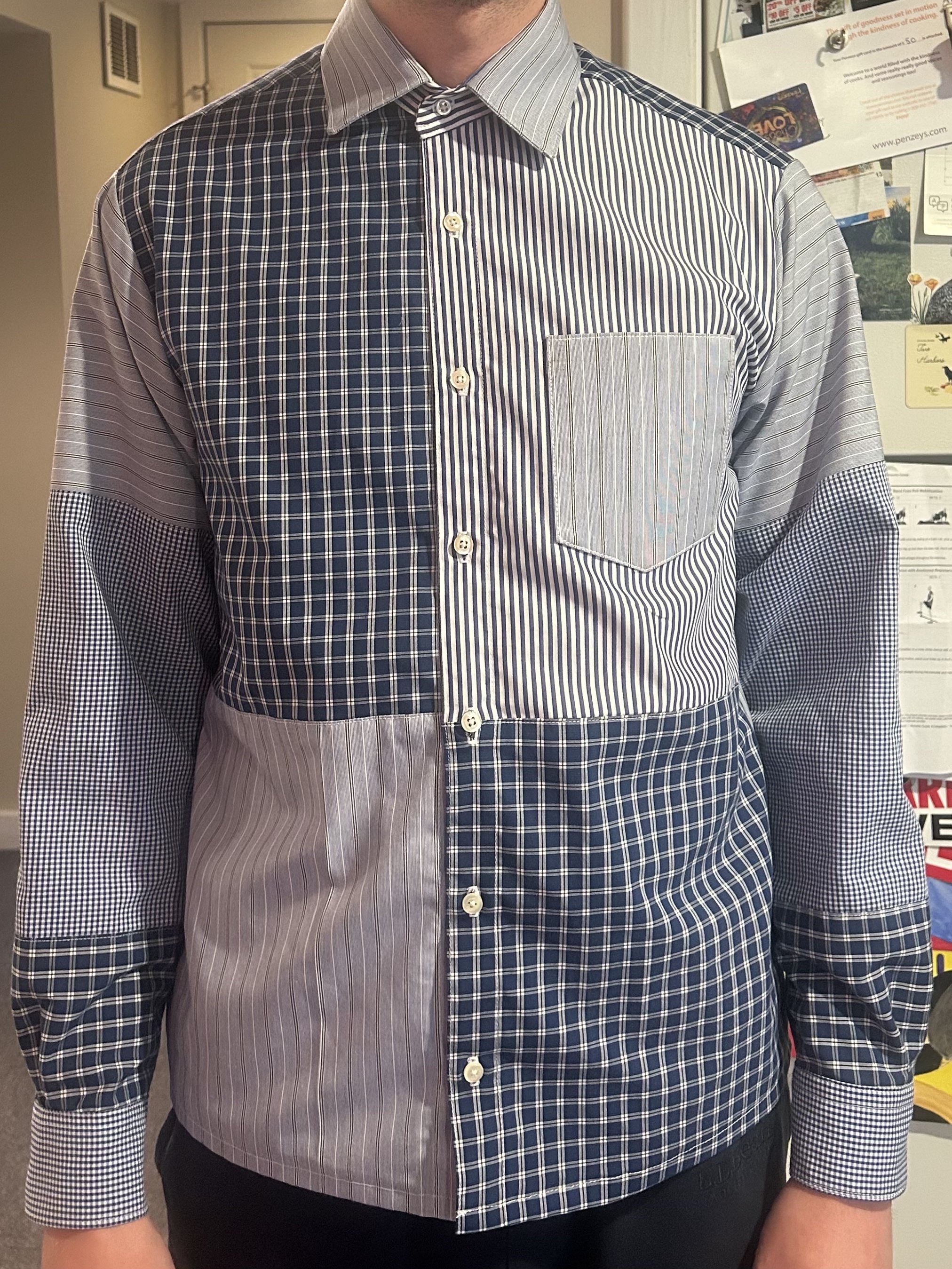Men's patchwork button-up made from other men's shirts thrifted at Goodwill. Pattern is the Common Stitch Button Up.