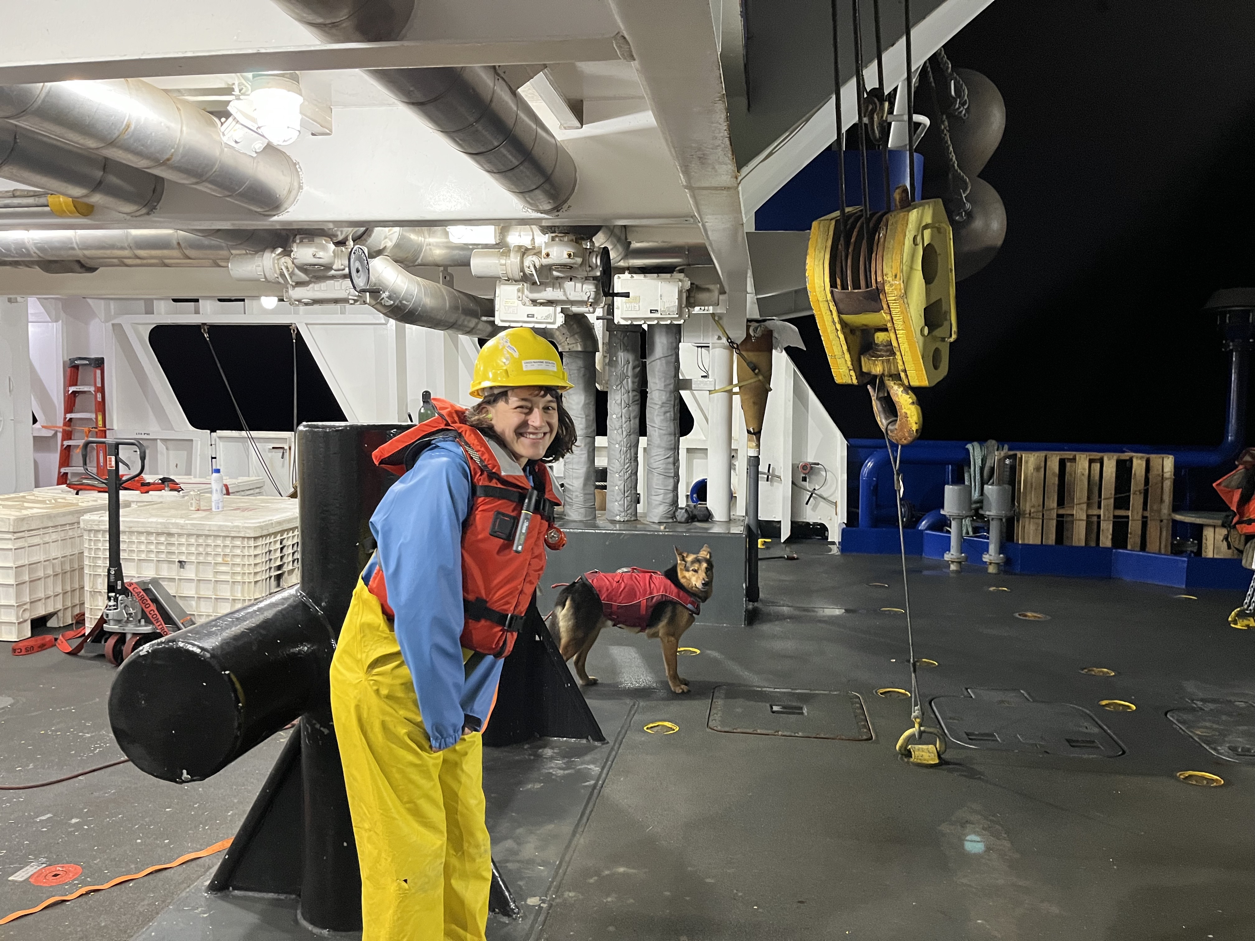Hanging out with the boat dog on the midnight shift aboard the R/V Swift Responder.