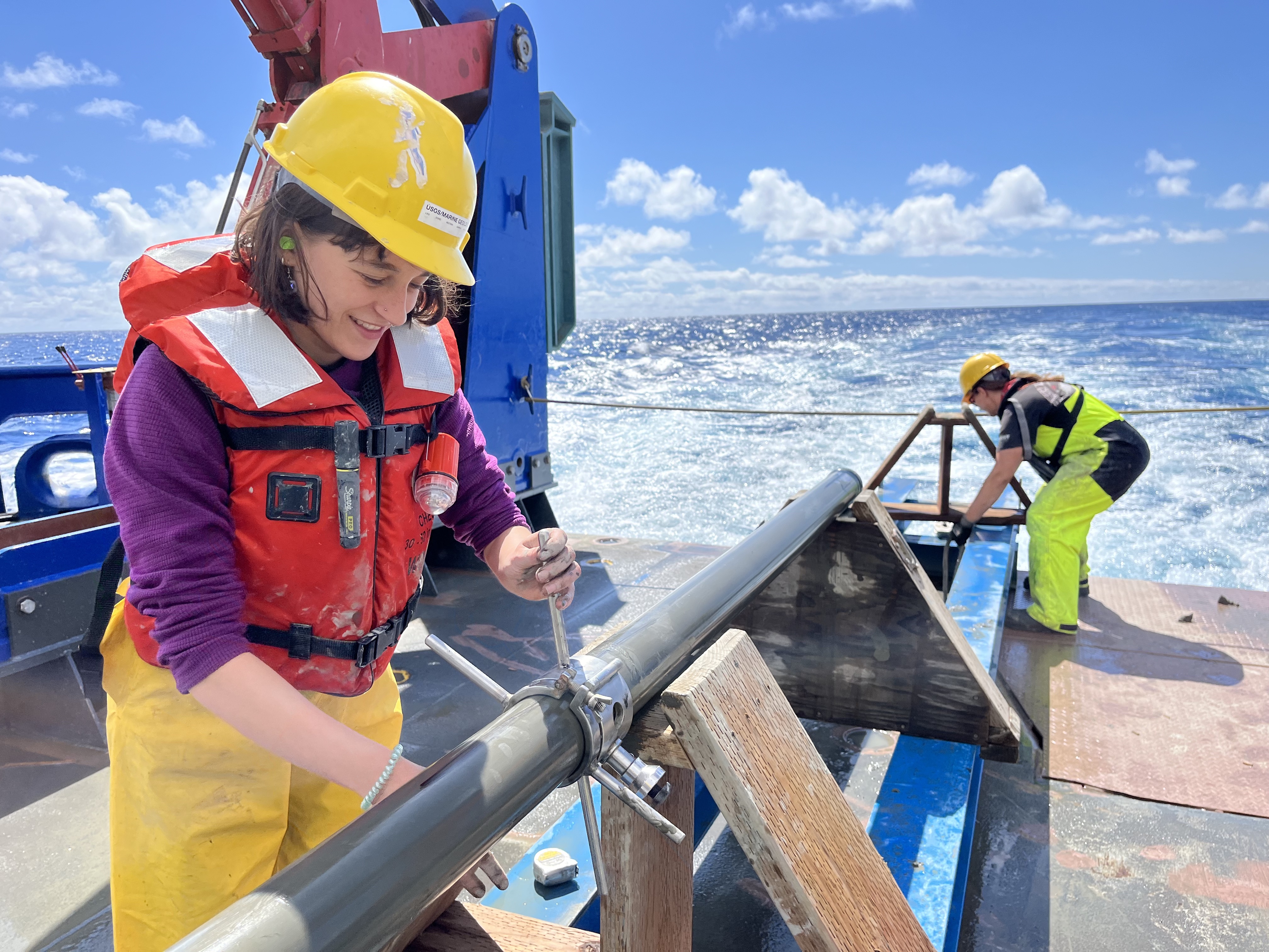 Collecting sediment cores offshore Oregon on the R/V Swift Responder with a USGS team.
