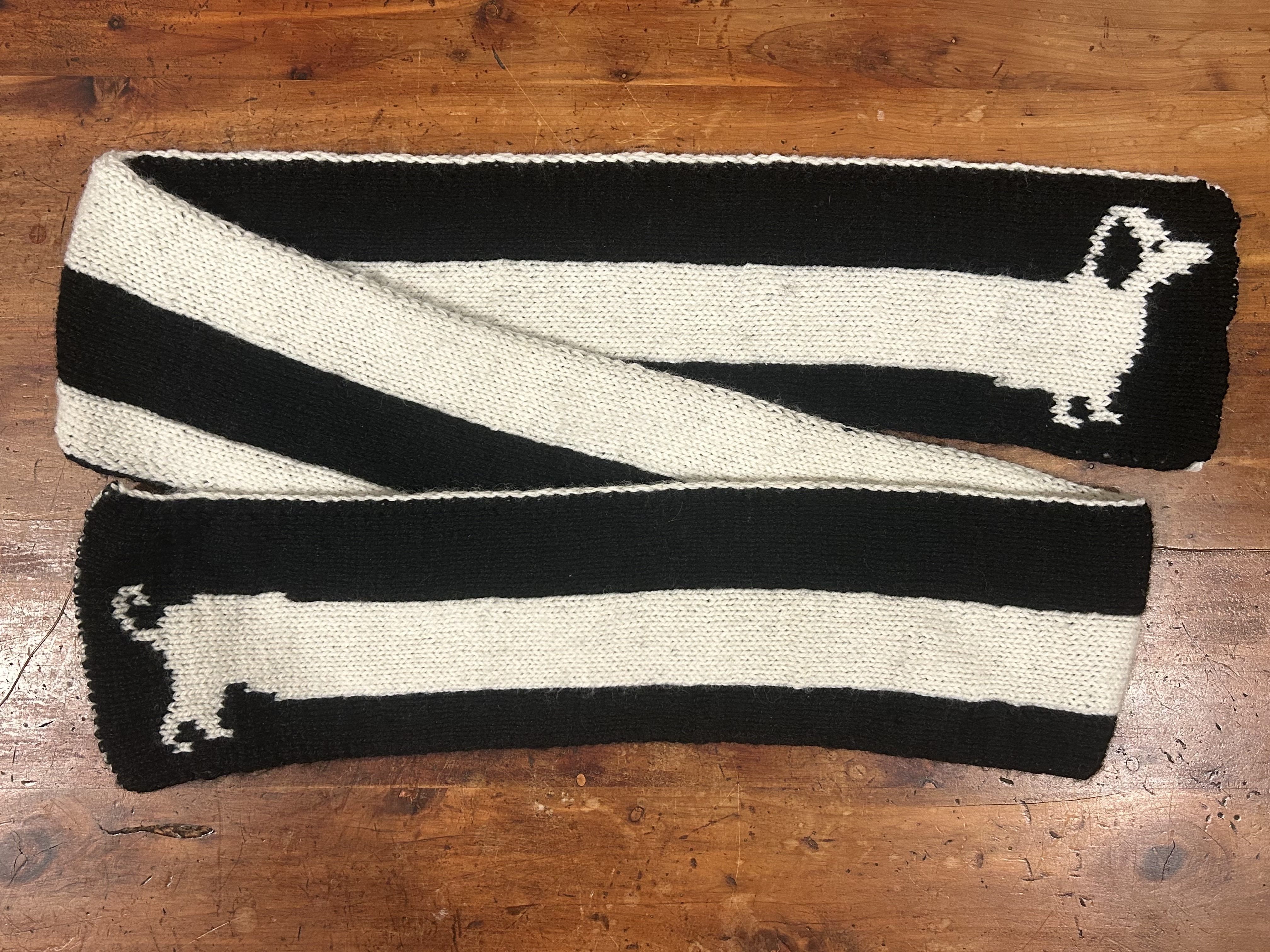 Sausage dog scarf by devout hand patterns - a double knit scarf made for my mom. Finished November 2025.